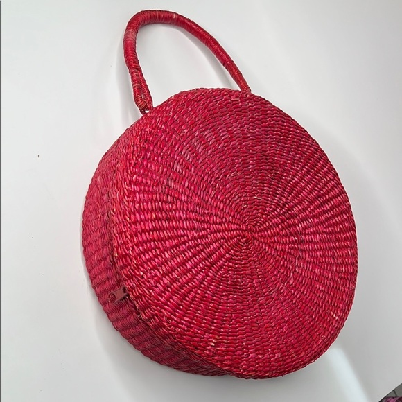 Vintage Round Red Woven Raffia Grass Zip Around Fully Lined Handbag - Picture 2 of 6